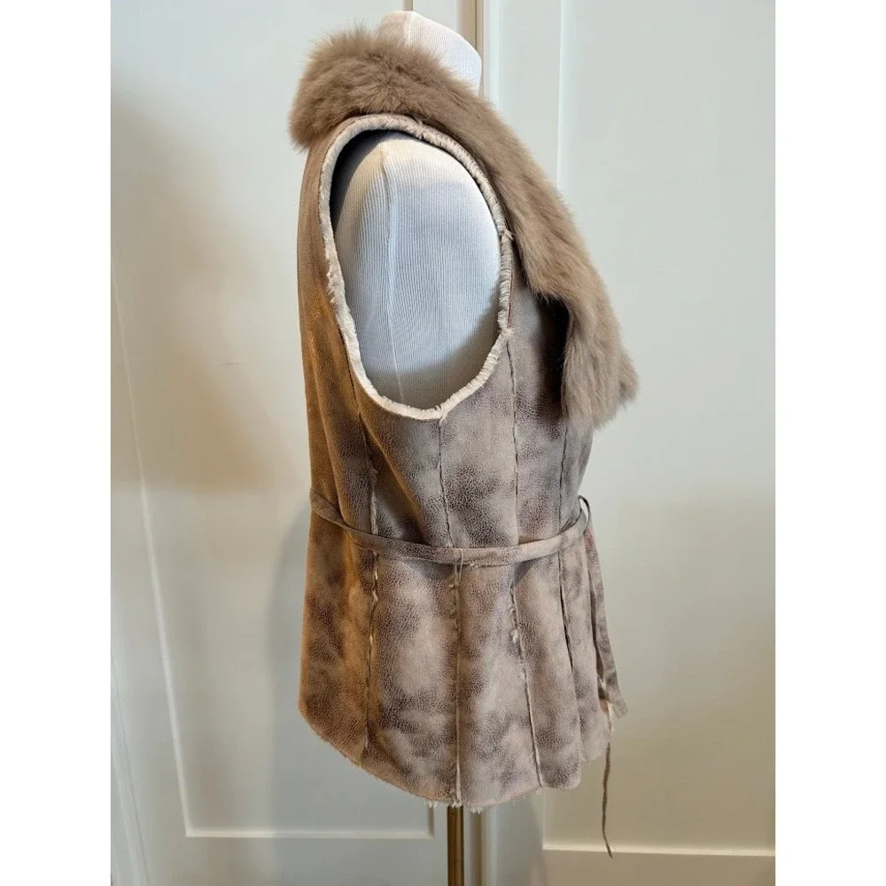 Women's Faux Fur Collar Suede Like Vest‎ Tie Waist Outerwear Layer Dennis Basso